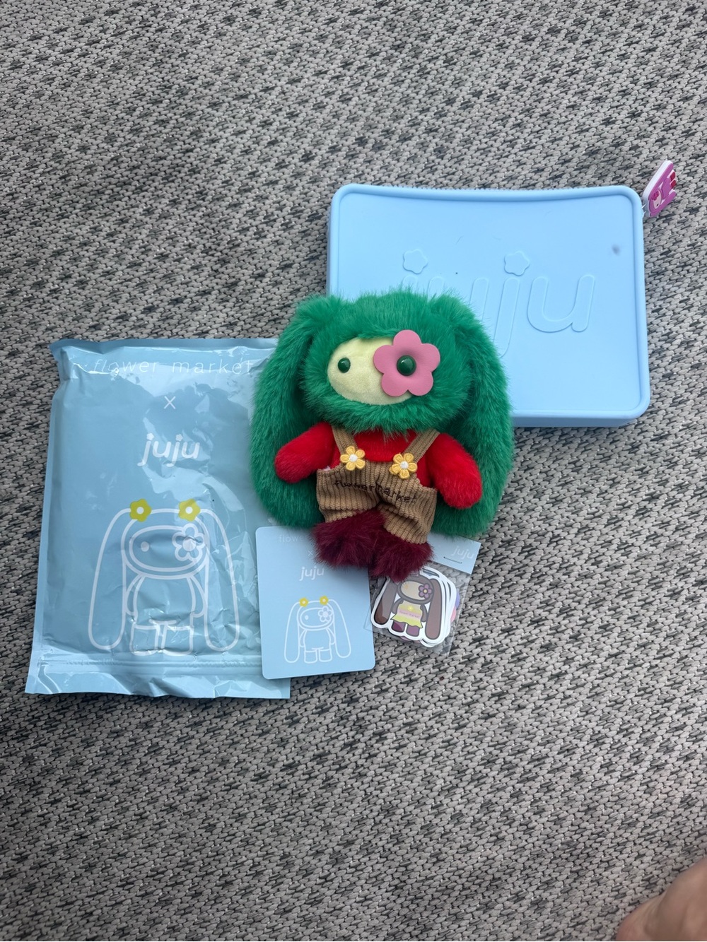 JuJu Green Plush Bunny with Red Arms and Pink Flower